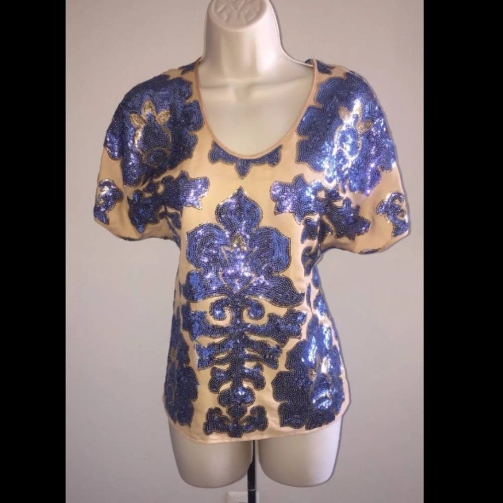 Blue sequins short sleeve blouse top